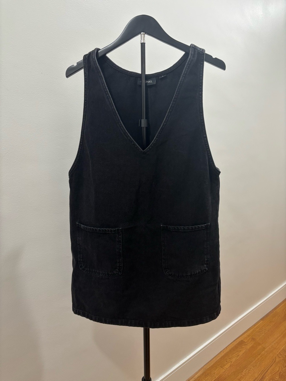 832. Monki Black V-Neck Pinafore Dress with Front Pockets